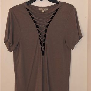 beige v neck t-shirt